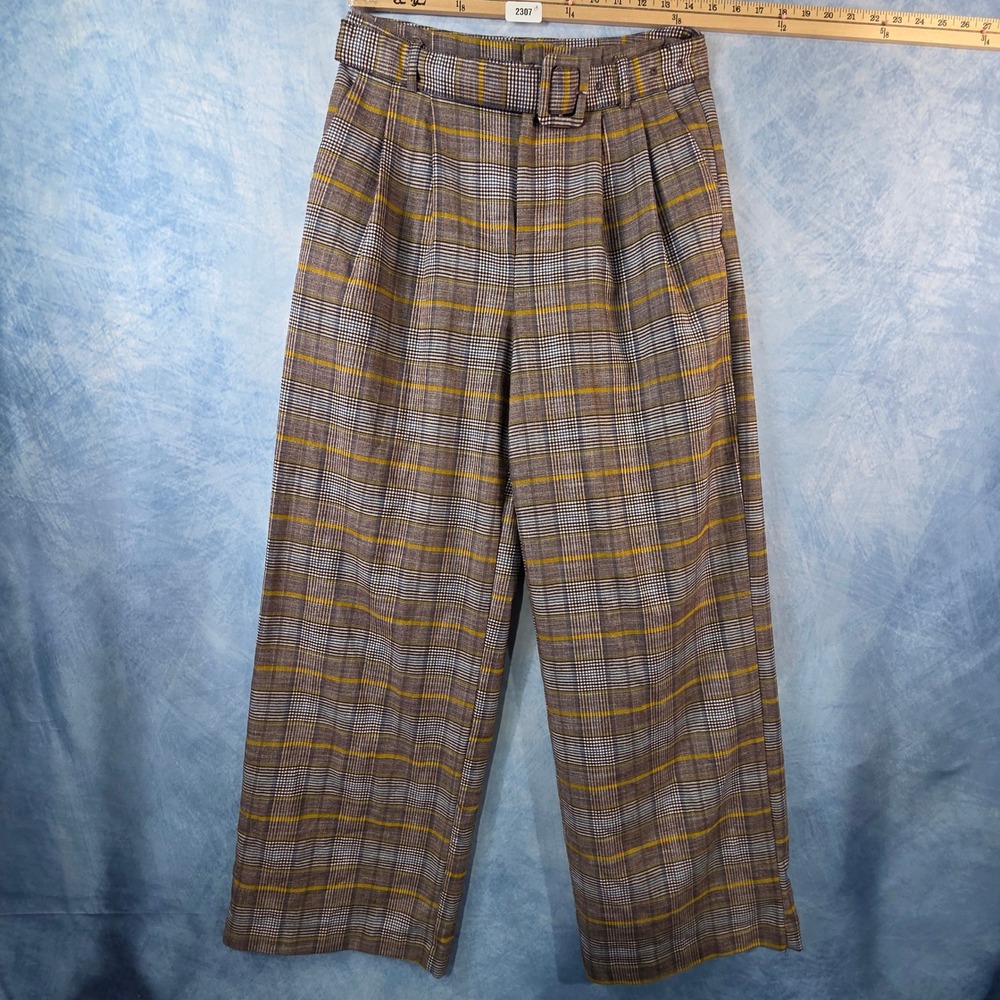 A New Day Womens‎ Plaid Wide Leg Belted Pleated Pants Brown Yellow Size 4